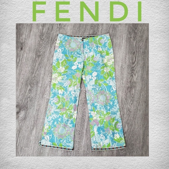 Fendi Pants - FENDI Blue Green floral Cotton Capri Pants